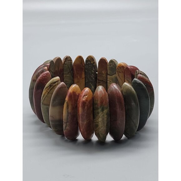 Natural Jasper Stretch Bracelet Multicolor Half Moon Wedges Green Red Orange 8" - Picture 7 of 15
